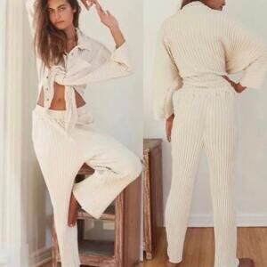 Free People Beach All Mine Jumpsuit Rib Knit Cotton Open Waist Cream Womens XS